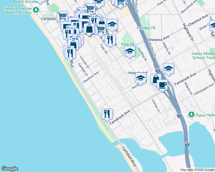 map of restaurants, bars, coffee shops, grocery stores, and more near 378 Acacia Avenue in Carlsbad