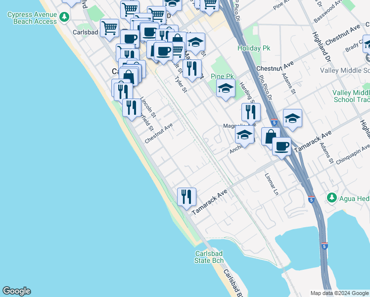 map of restaurants, bars, coffee shops, grocery stores, and more near 378 Acacia Avenue in Carlsbad