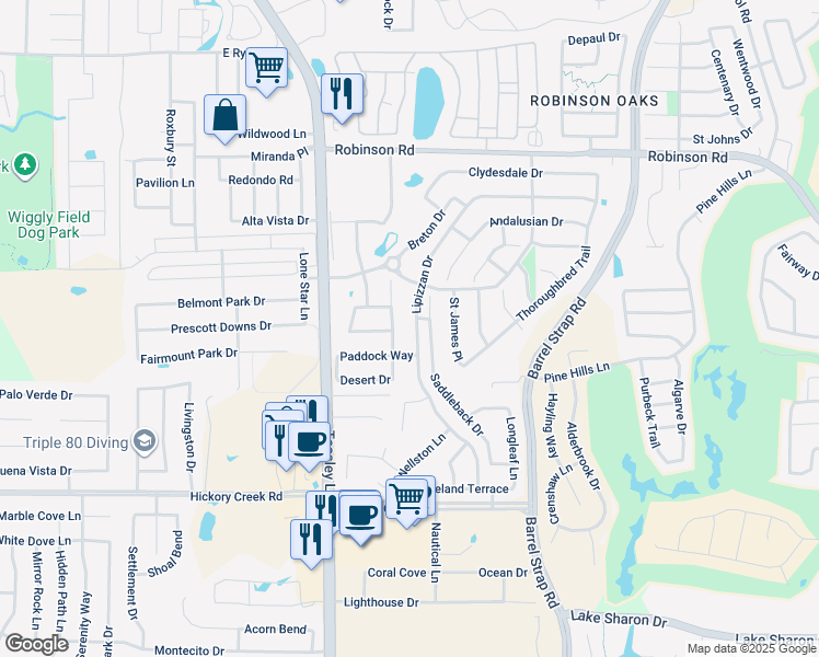 map of restaurants, bars, coffee shops, grocery stores, and more near 6105 English Saddle Lane in Denton