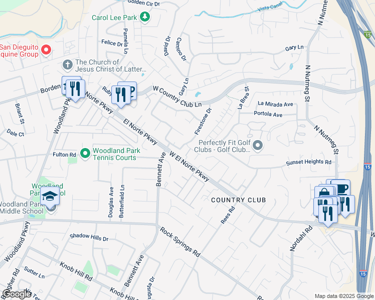 map of restaurants, bars, coffee shops, grocery stores, and more near 1667 Foxfire Place in Escondido