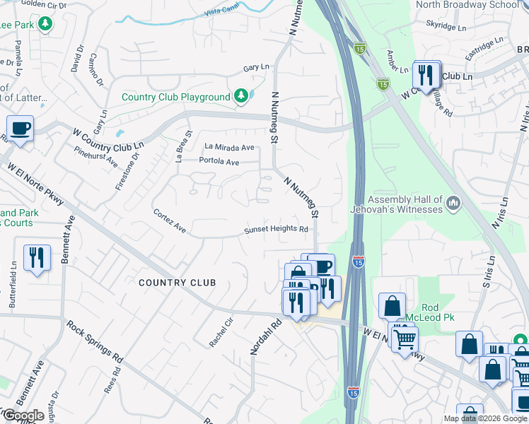 map of restaurants, bars, coffee shops, grocery stores, and more near 1937 Skyhill Place in Escondido