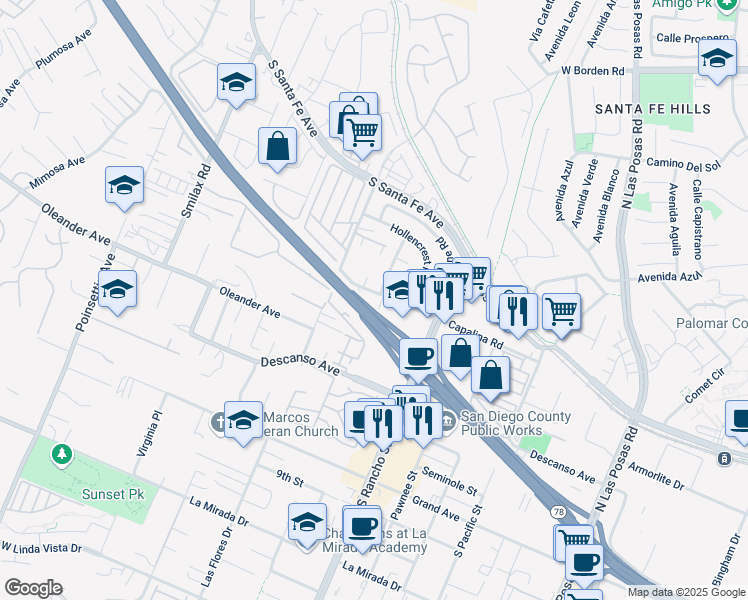 map of restaurants, bars, coffee shops, grocery stores, and more near 3435 Capalina Road in San Marcos