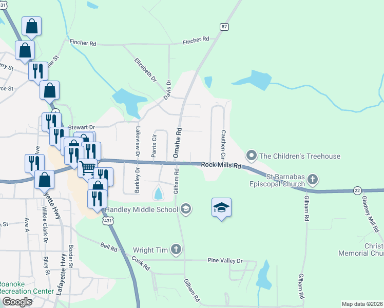 map of restaurants, bars, coffee shops, grocery stores, and more near 143 Cauthen Circle in Roanoke