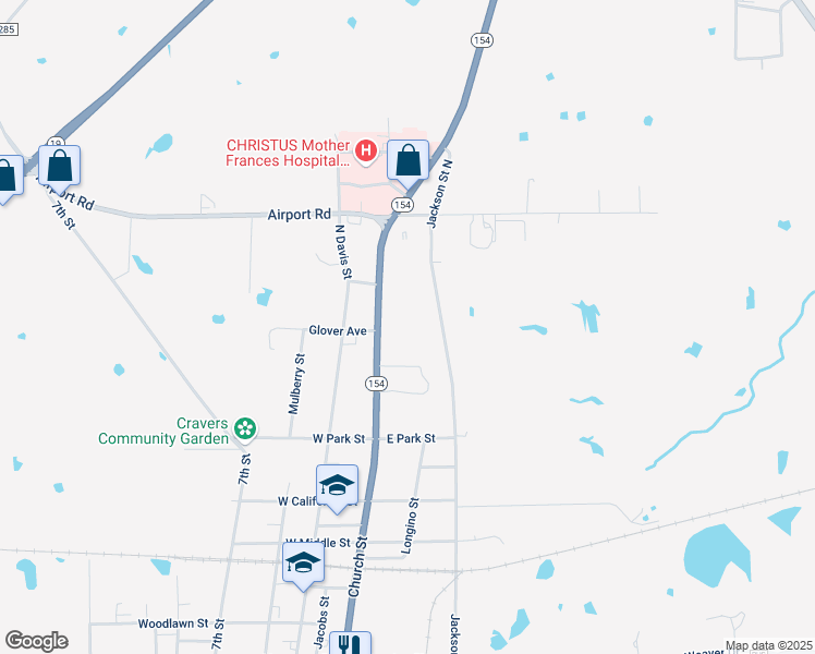map of restaurants, bars, coffee shops, grocery stores, and more near 1104 Church Street in Sulphur Springs