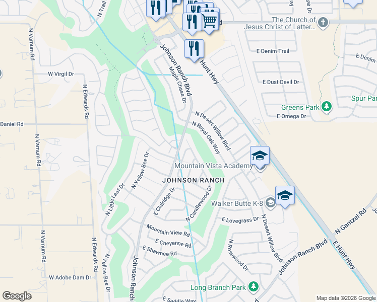 map of restaurants, bars, coffee shops, grocery stores, and more near 30144 North Candlewood Drive in Queen Creek