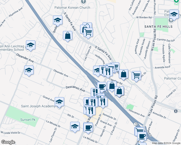 map of restaurants, bars, coffee shops, grocery stores, and more near 3427 Capalina Road in San Marcos
