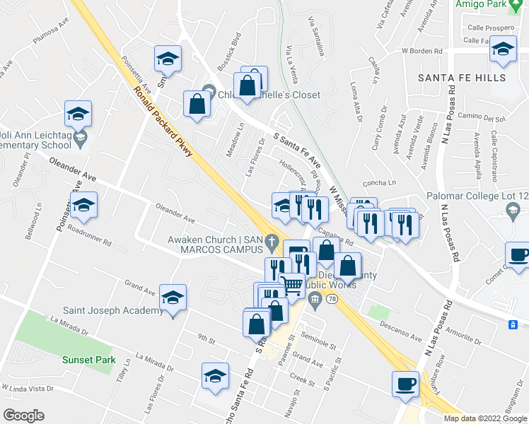 map of restaurants, bars, coffee shops, grocery stores, and more near 3505 Badillo Road in San Marcos