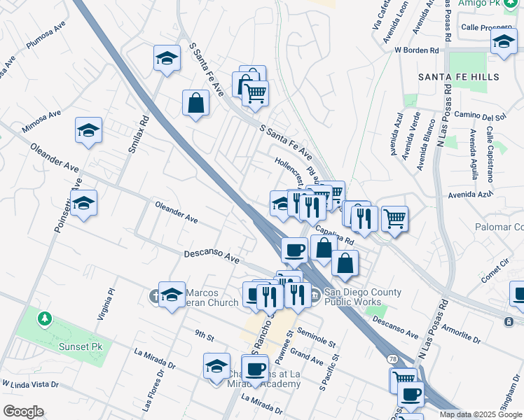 map of restaurants, bars, coffee shops, grocery stores, and more near 3505 Badillo Road in San Marcos