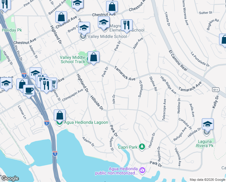 map of restaurants, bars, coffee shops, grocery stores, and more near 4103 Isle Drive in Carlsbad