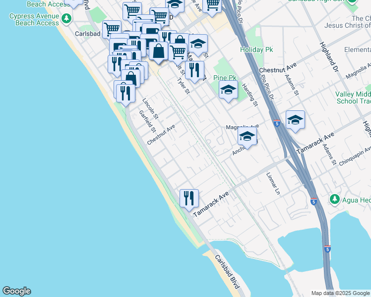map of restaurants, bars, coffee shops, grocery stores, and more near 282 Acacia Avenue in Carlsbad