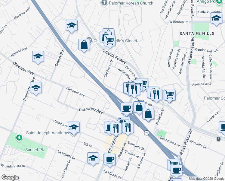 map of restaurants, bars, coffee shops, grocery stores, and more near 3427 Capalina Road in San Marcos