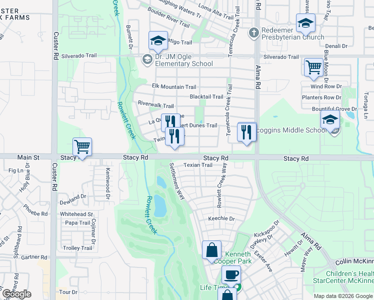 map of restaurants, bars, coffee shops, grocery stores, and more near 8208 Indian Palms Trail in McKinney