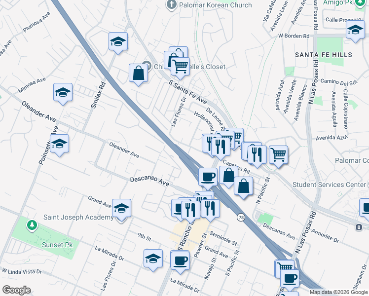 map of restaurants, bars, coffee shops, grocery stores, and more near 3431 Capalina Road in San Marcos