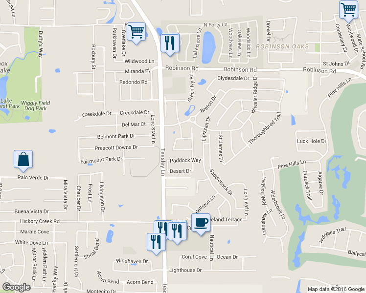 map of restaurants, bars, coffee shops, grocery stores, and more near 2827 Lonesome Trail in Denton