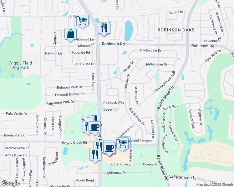 map of restaurants, bars, coffee shops, grocery stores, and more near 6105 English Saddle Lane in Denton