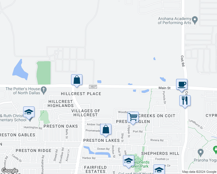 map of restaurants, bars, coffee shops, grocery stores, and more near Main Street in Frisco