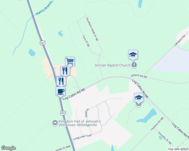 map of restaurants, bars, coffee shops, grocery stores, and more near 136 Log Cabin Road Northeast in Milledgeville