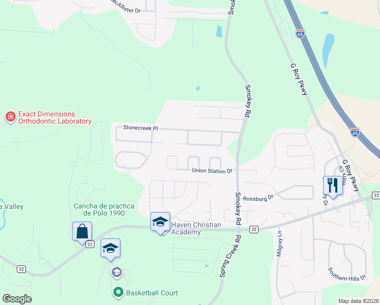 map of restaurants, bars, coffee shops, grocery stores, and more near 560 Union Station Place in Calera
