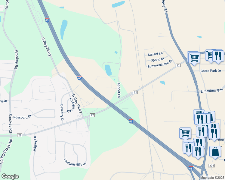 map of restaurants, bars, coffee shops, grocery stores, and more near 133 Danbury Lane in Calera
