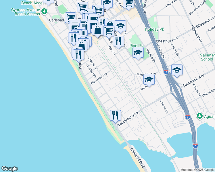 map of restaurants, bars, coffee shops, grocery stores, and more near 282 Acacia Avenue in Carlsbad