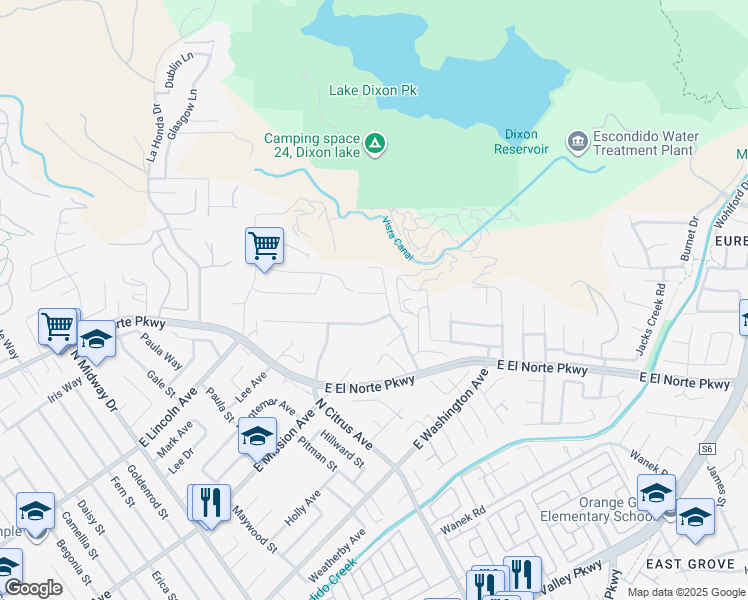 map of restaurants, bars, coffee shops, grocery stores, and more near 2640 Ponderosa Court in Escondido