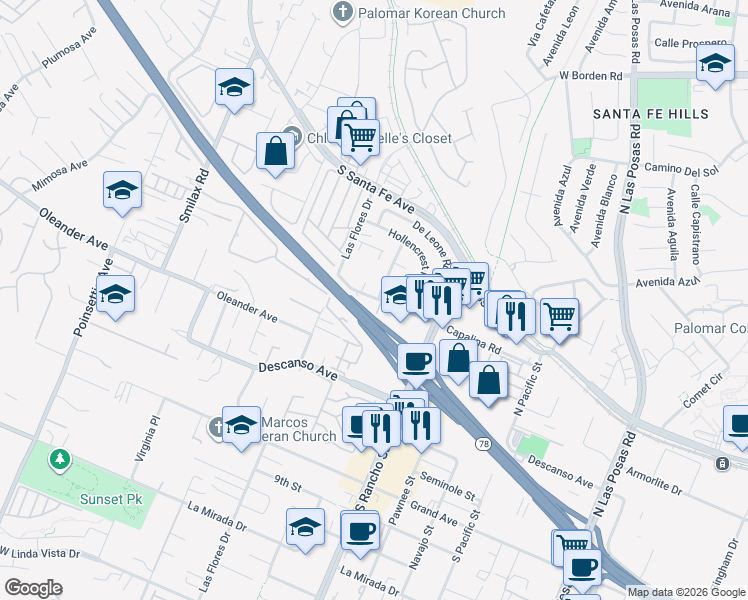 map of restaurants, bars, coffee shops, grocery stores, and more near 3505 Badillo Road in San Marcos