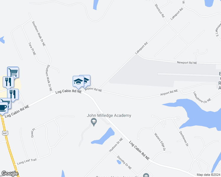map of restaurants, bars, coffee shops, grocery stores, and more near 300 Airport Rd in Milledgeville