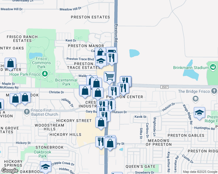 map of restaurants, bars, coffee shops, grocery stores, and more near 8990 Main Street in Frisco
