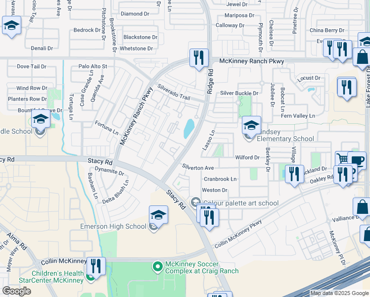 map of restaurants, bars, coffee shops, grocery stores, and more near 4700 Ridge Road in McKinney