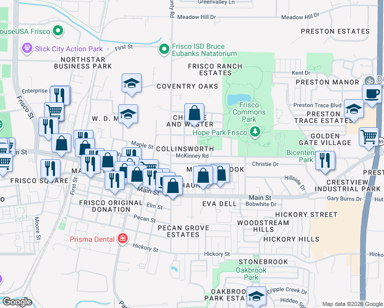 map of restaurants, bars, coffee shops, grocery stores, and more near 7659 Maple Street in Frisco
