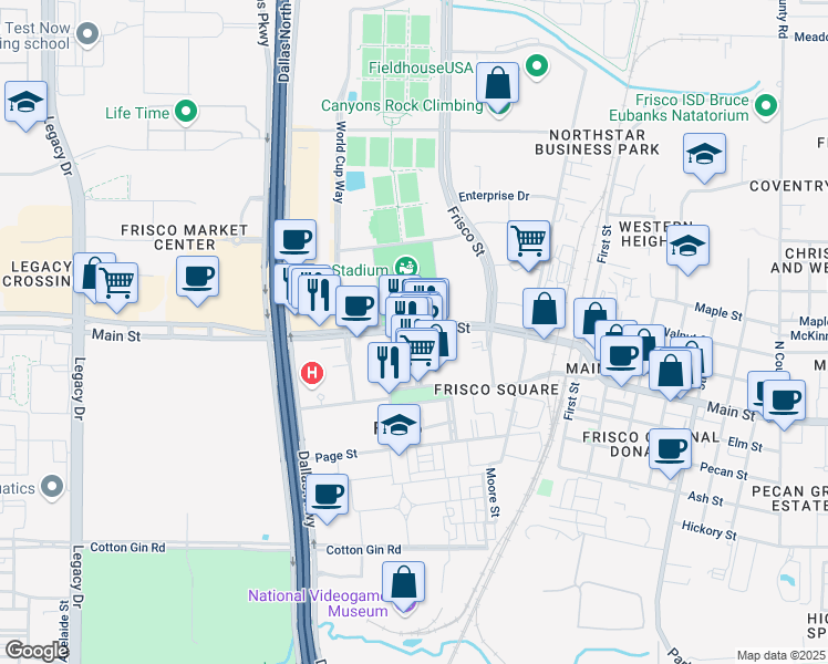 map of restaurants, bars, coffee shops, grocery stores, and more near 6025 West Main Street in Frisco