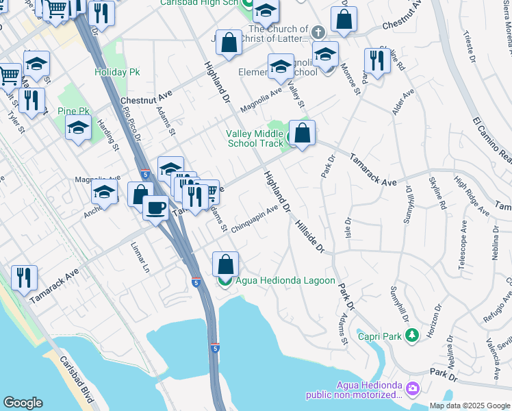 map of restaurants, bars, coffee shops, grocery stores, and more near 3975 Stella Maris Lane in Carlsbad