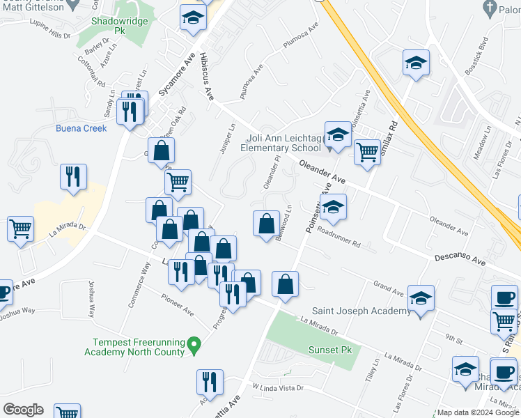 map of restaurants, bars, coffee shops, grocery stores, and more near 935 Parkwood Avenue in Vista
