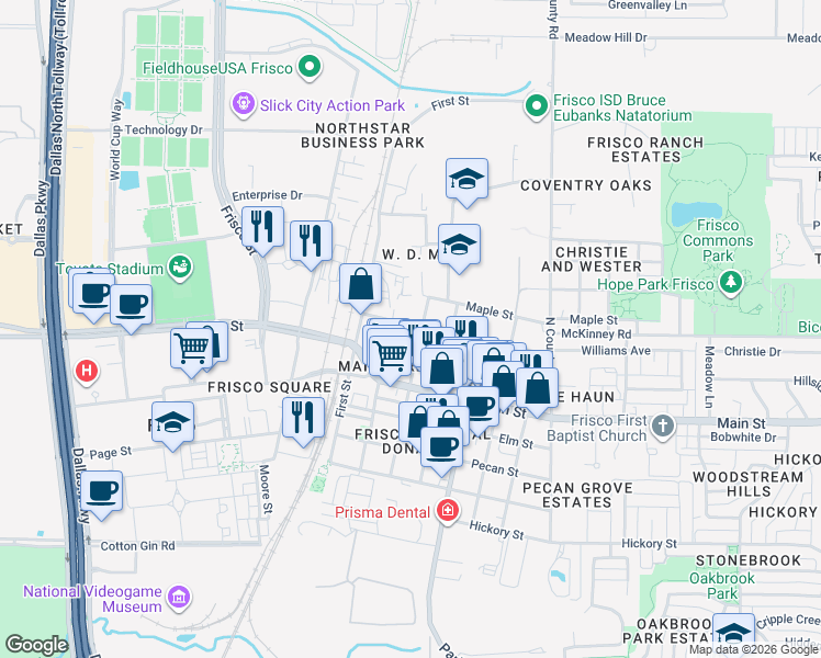 map of restaurants, bars, coffee shops, grocery stores, and more near 9081 2nd Street in Frisco
