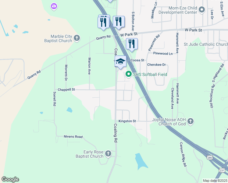 map of restaurants, bars, coffee shops, grocery stores, and more near 175 Chappell Street in Sylacauga