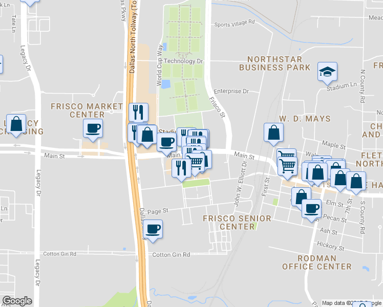 map of restaurants, bars, coffee shops, grocery stores, and more near 6025 W Main St in Frisco