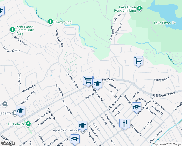 map of restaurants, bars, coffee shops, grocery stores, and more near 2091 Erins Place in Escondido