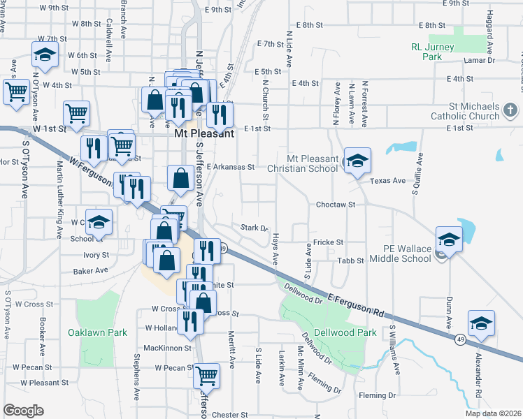 map of restaurants, bars, coffee shops, grocery stores, and more near 501 South Church Avenue in Mount Pleasant