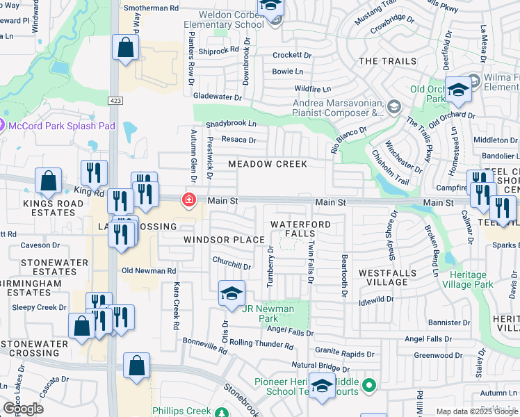 map of restaurants, bars, coffee shops, grocery stores, and more near 8972 Kennsington Street in Frisco
