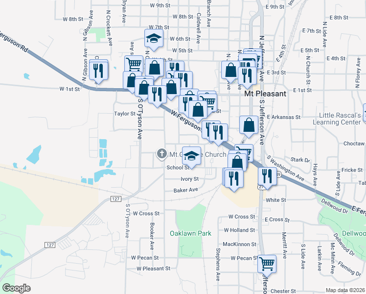 map of restaurants, bars, coffee shops, grocery stores, and more near 911 West Arizona Street in Mount Pleasant