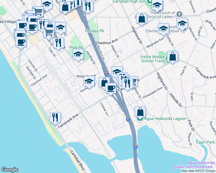 map of restaurants, bars, coffee shops, grocery stores, and more near 3826 Harding Street in Carlsbad