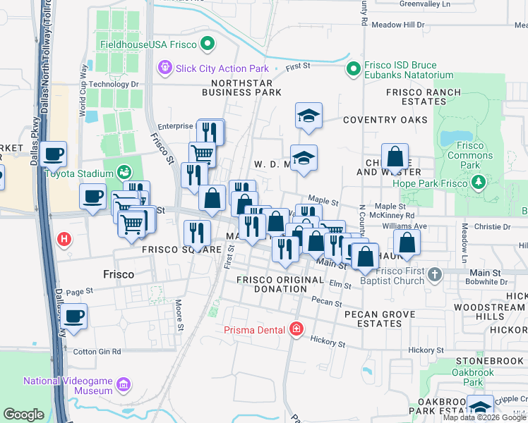 map of restaurants, bars, coffee shops, grocery stores, and more near 9081 2nd Street in Frisco