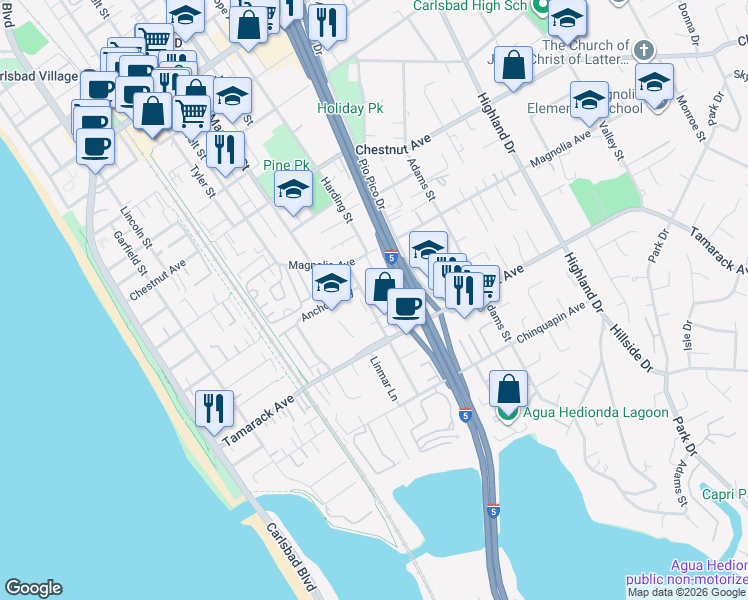 map of restaurants, bars, coffee shops, grocery stores, and more near 3786 Jefferson Street in Carlsbad