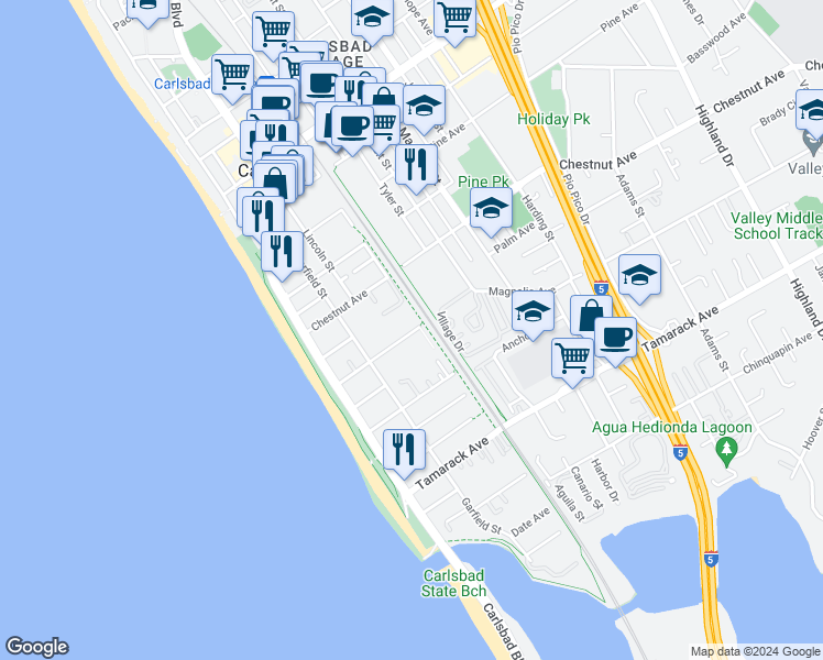 map of restaurants, bars, coffee shops, grocery stores, and more near 378 Acacia Avenue in Carlsbad