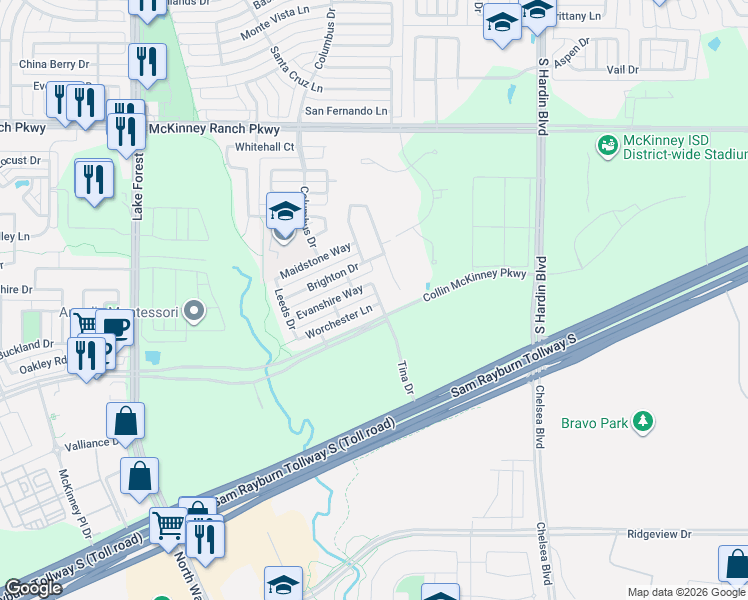 map of restaurants, bars, coffee shops, grocery stores, and more near 4500 Worchester Lane in McKinney