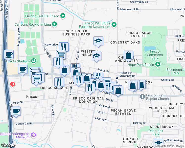 map of restaurants, bars, coffee shops, grocery stores, and more near 6872 Walnut Street in Frisco