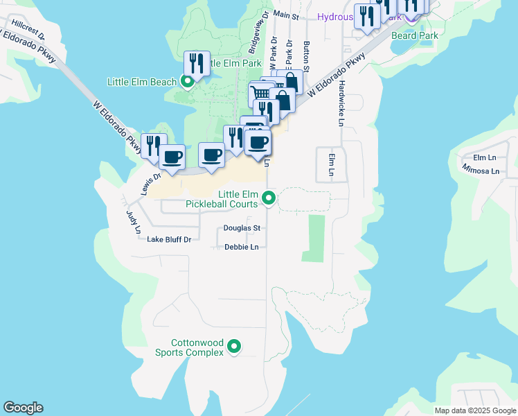 map of restaurants, bars, coffee shops, grocery stores, and more near 1004 Waterview Drive in Little Elm