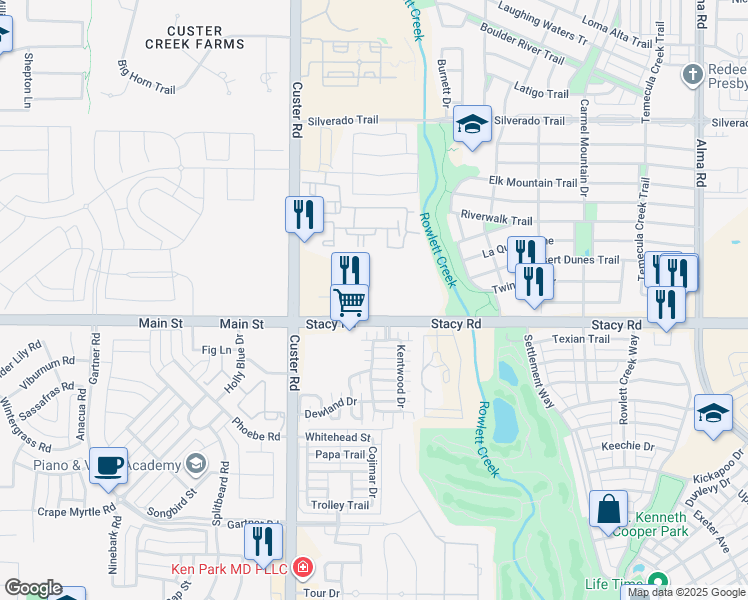 map of restaurants, bars, coffee shops, grocery stores, and more near 8770 West Stacy Road in McKinney