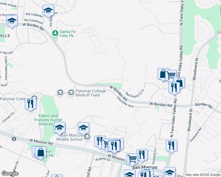 map of restaurants, bars, coffee shops, grocery stores, and more near 334 Glendale Avenue in San Marcos