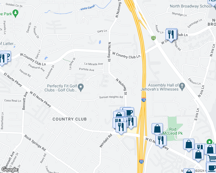 map of restaurants, bars, coffee shops, grocery stores, and more near 1109 Miramonte Glen in Escondido